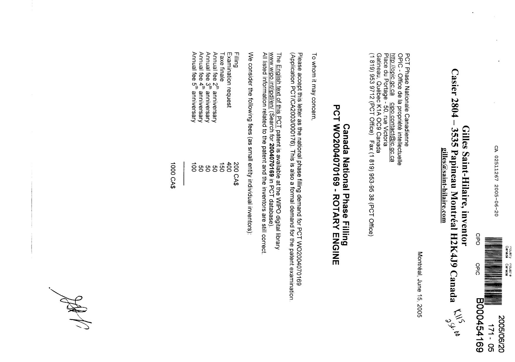 Document de brevet canadien 2511267. Cession 20050620. Image 1 de 6