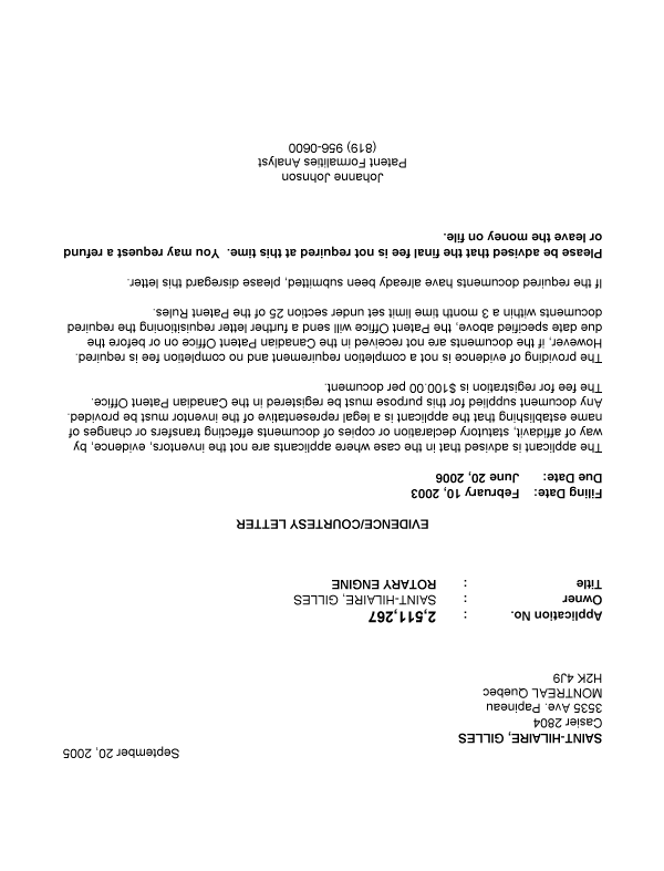 Document de brevet canadien 2511267. Correspondance 20050915. Image 1 de 1