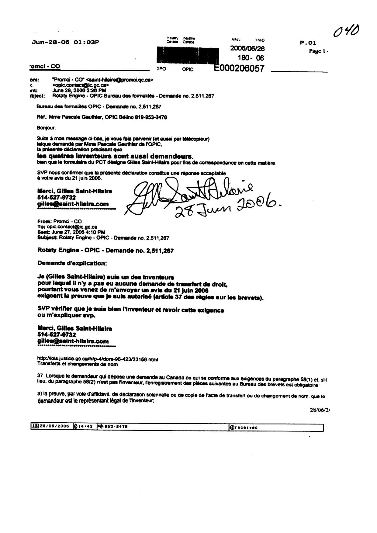 Document de brevet canadien 2511267. Correspondance 20060628. Image 1 de 1
