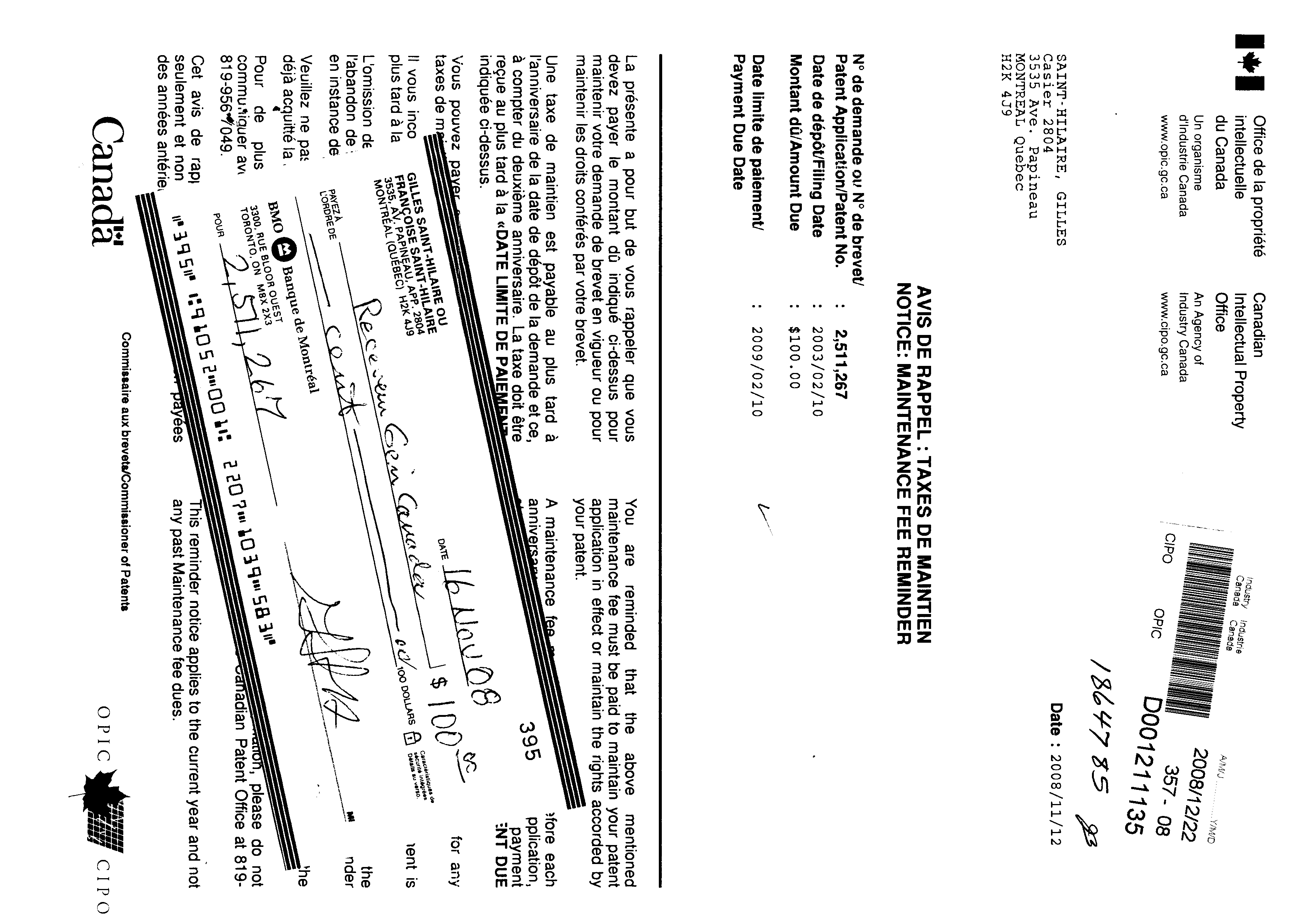Document de brevet canadien 2511267. Taxes 20071222. Image 1 de 1