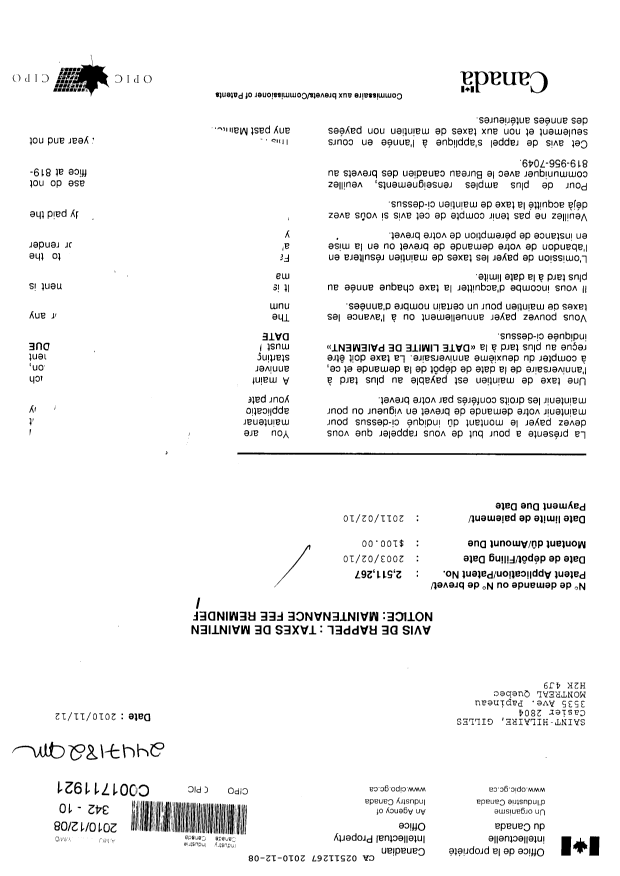Document de brevet canadien 2511267. Taxes 20101208. Image 1 de 1