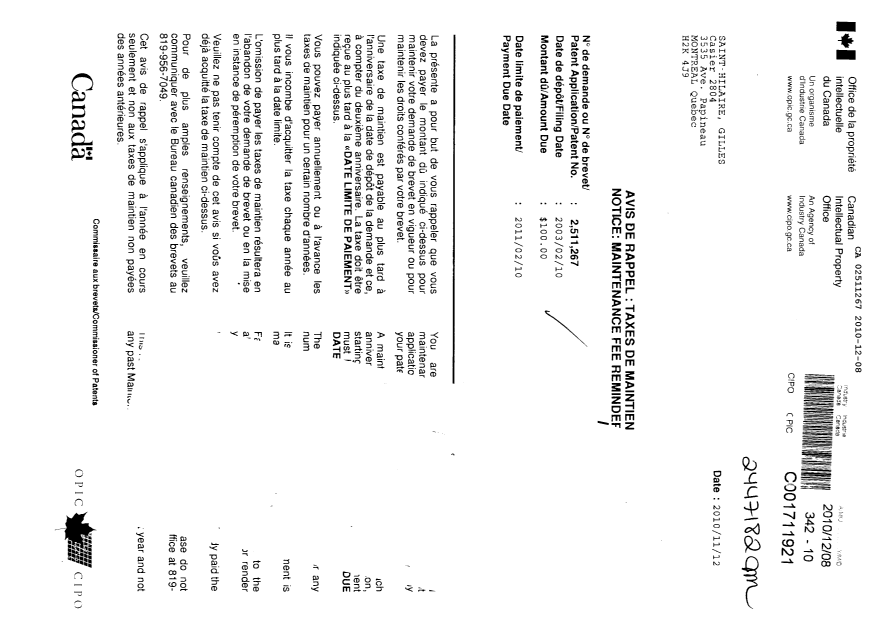 Canadian Patent Document 2511267. Fees 20101208. Image 1 of 1