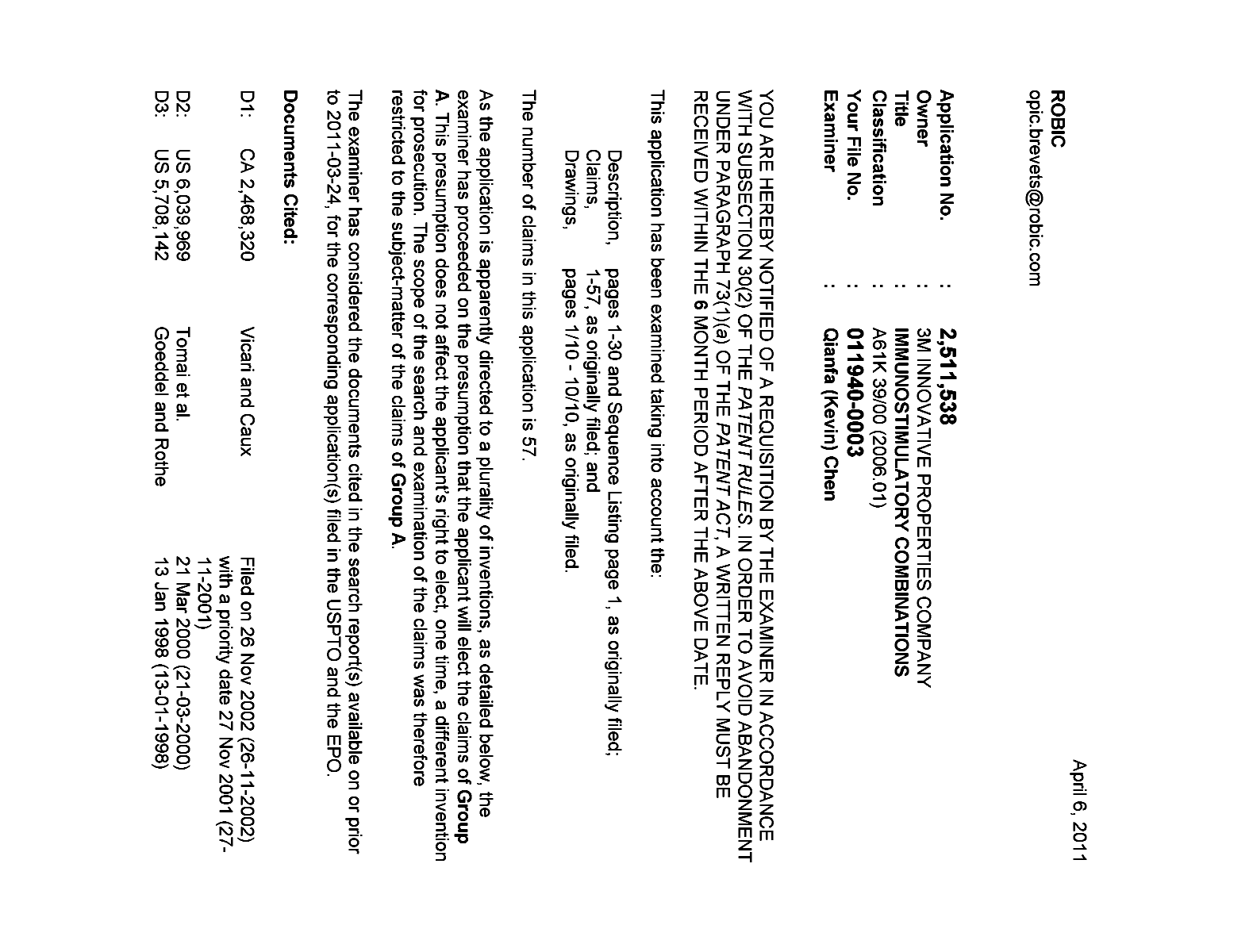 Canadian Patent Document 2511538. Prosecution-Amendment 20110406. Image 1 of 4