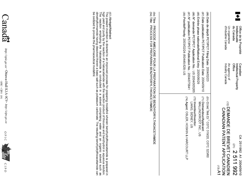 Document de brevet canadien 2511992. Page couverture 20051123. Image 1 de 1