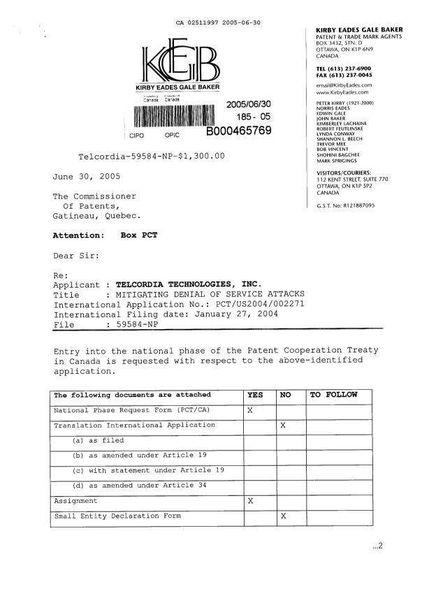 Document de brevet canadien 2511997. Cession 20050630. Image 1 de 6