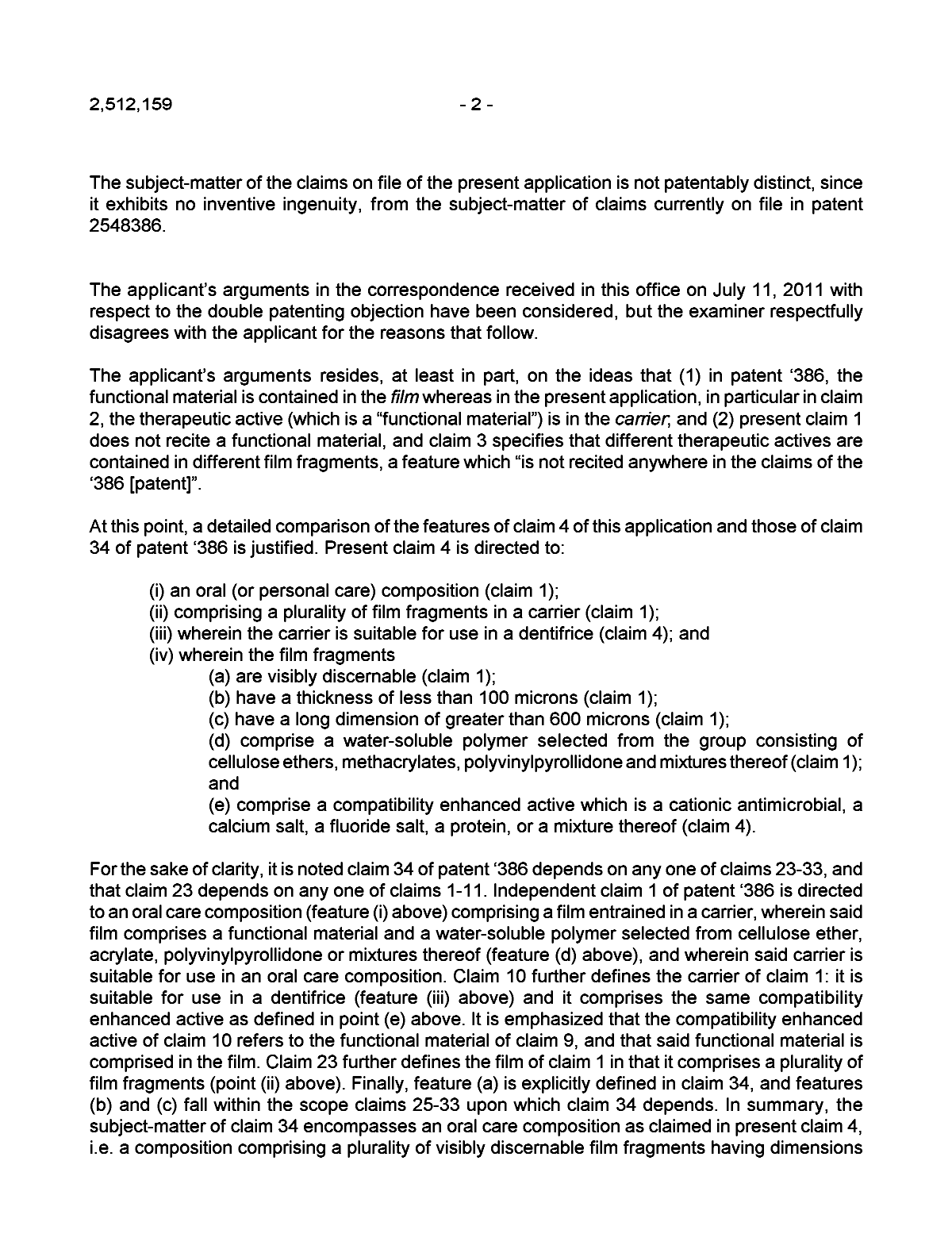 Canadian Patent Document 2512159. Prosecution-Amendment 20110830. Image 2 of 3