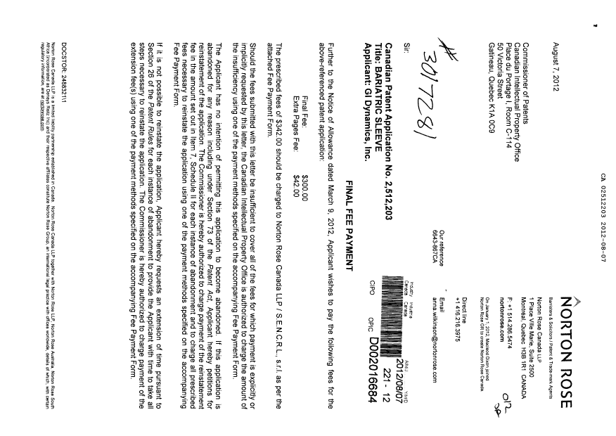 Document de brevet canadien 2512203. Correspondance 20120807. Image 1 de 2