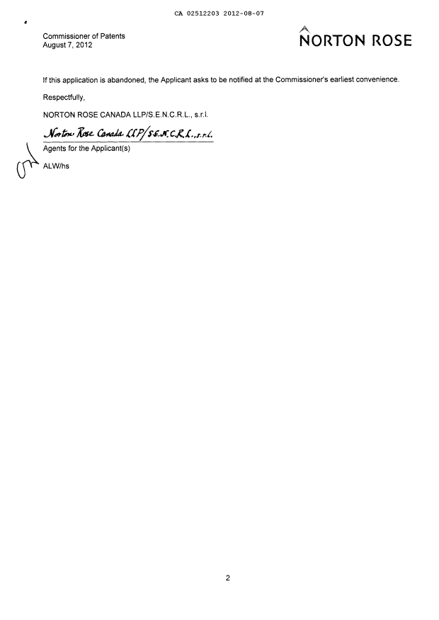 Document de brevet canadien 2512203. Correspondance 20120807. Image 2 de 2