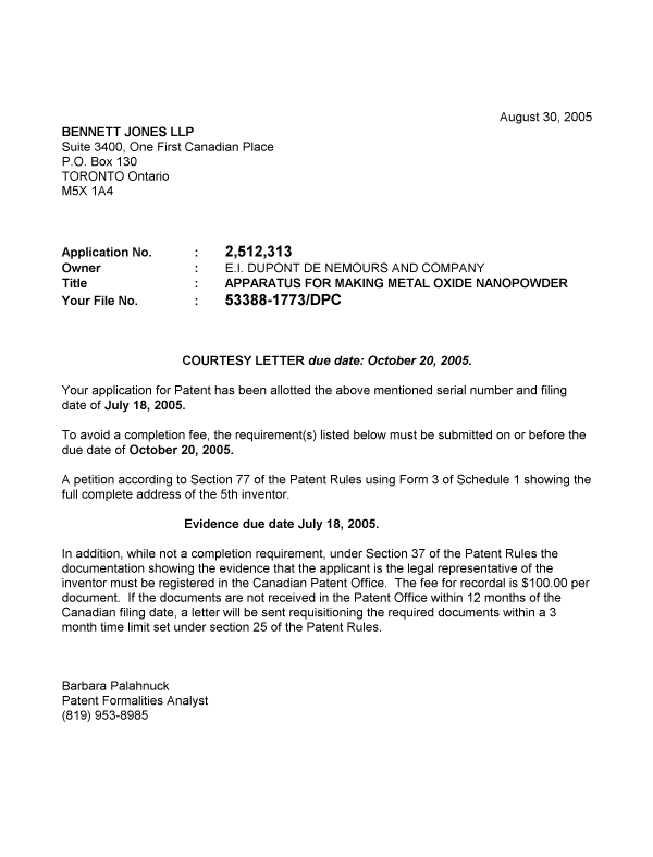 Canadian Patent Document 2512313. Correspondence 20050826. Image 1 of 1