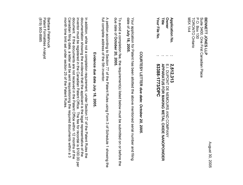 Document de brevet canadien 2512313. Correspondance 20050826. Image 1 de 1