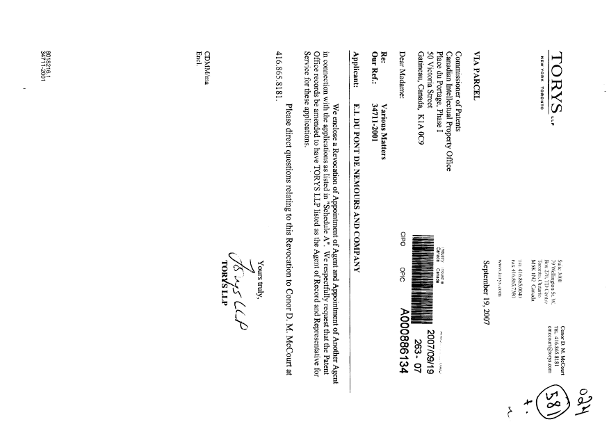 Document de brevet canadien 2512313. Correspondance 20070919. Image 1 de 19