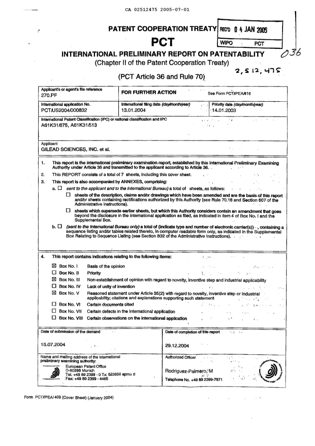 Document de brevet canadien 2512475. PCT 20041201. Image 1 de 7