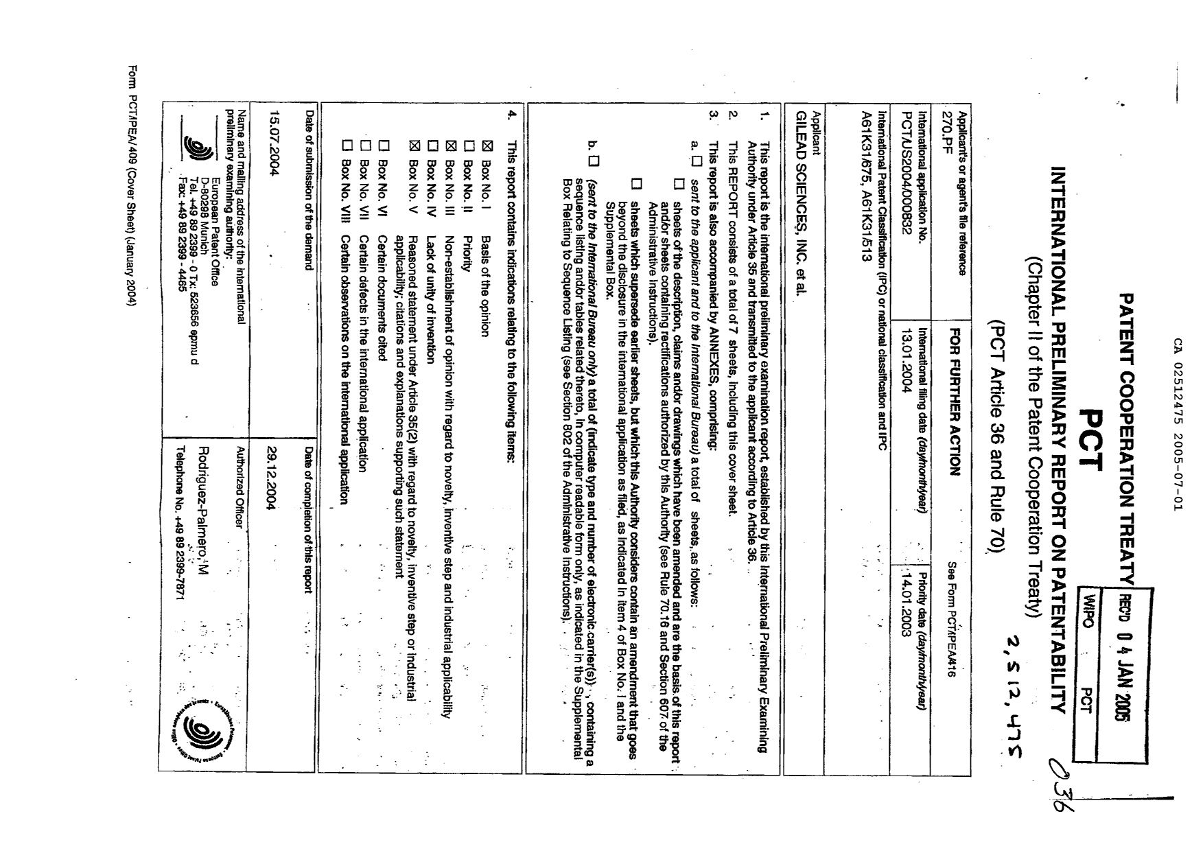 Canadian Patent Document 2512475. PCT 20041201. Image 1 of 7