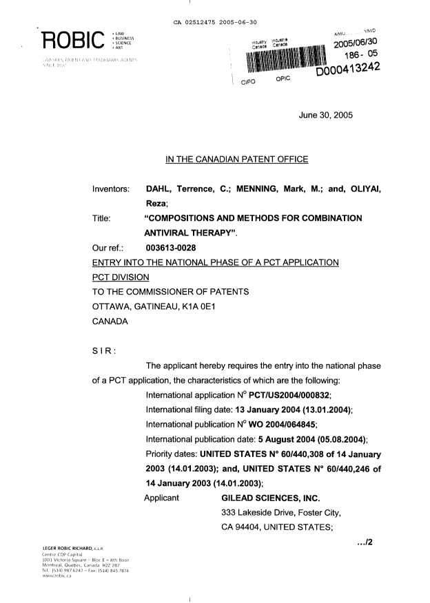 Document de brevet canadien 2512475. Cession 20050630. Image 1 de 5