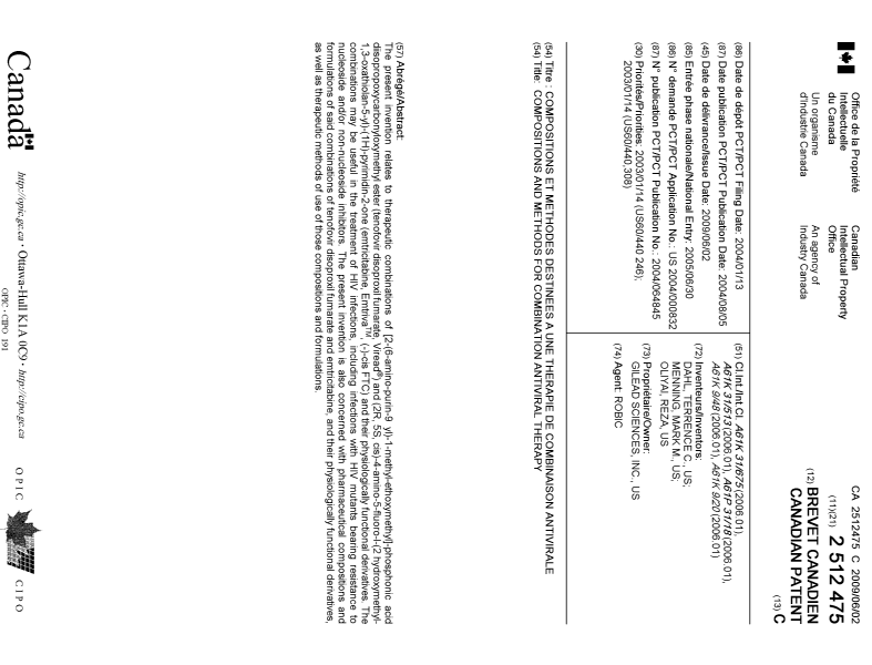 Document de brevet canadien 2512475. Page couverture 20081211. Image 1 de 1
