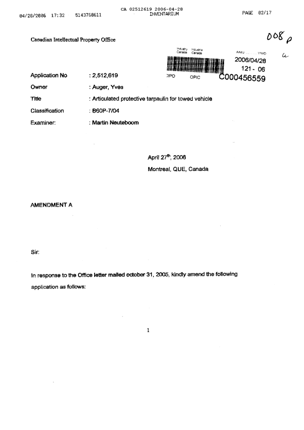 Canadian Patent Document 2512619. Prosecution-Amendment 20060428. Image 1 of 16