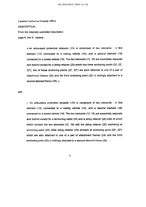 Document de brevet canadien 2512619. Poursuite-Amendment 20061129. Image 2 de 18