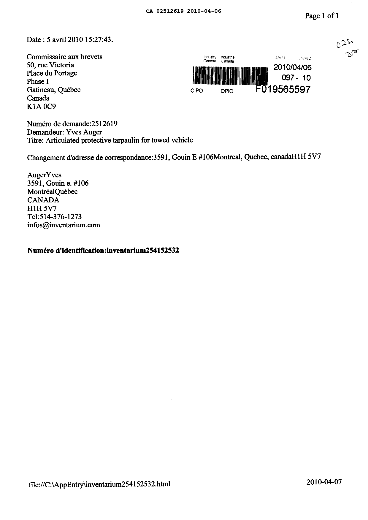 Document de brevet canadien 2512619. Correspondance 20100406. Image 1 de 1