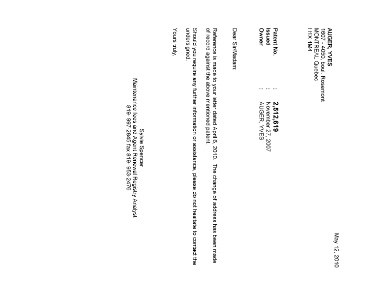 Document de brevet canadien 2512619. Correspondance 20100512. Image 1 de 1