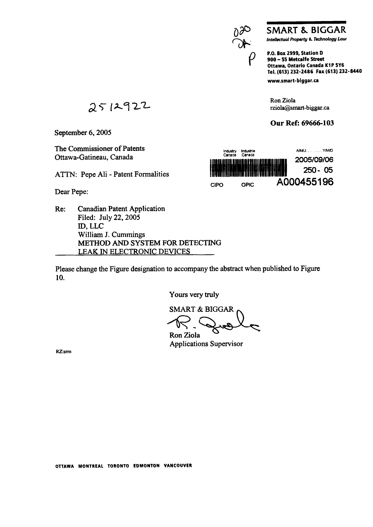 Document de brevet canadien 2512922. Correspondance 20050906. Image 1 de 1