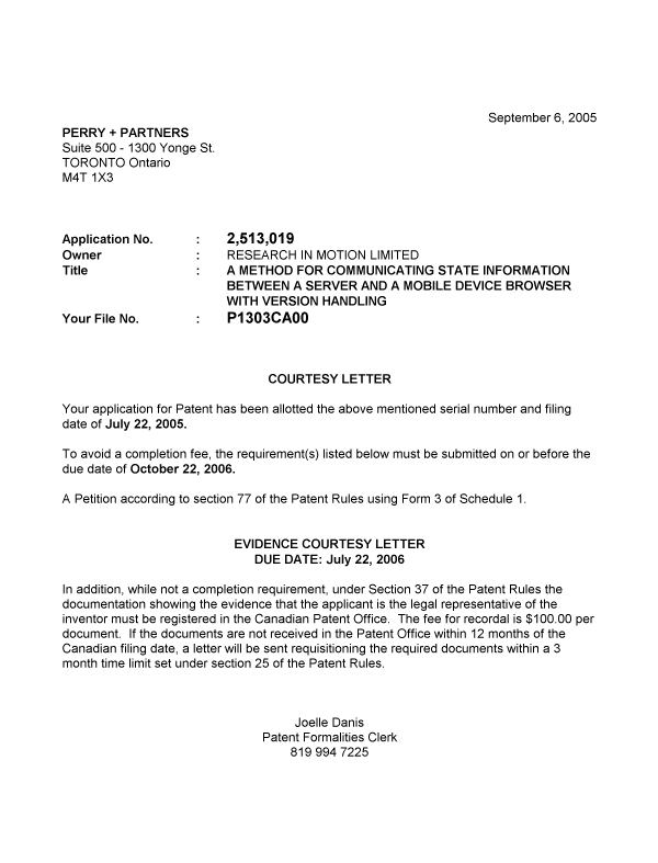 Document de brevet canadien 2513019. Correspondance 20050902. Image 1 de 1