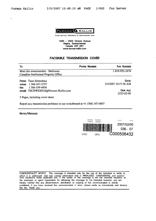 Canadian Patent Document 2513098. Prosecution-Amendment 20070205. Image 3 of 3