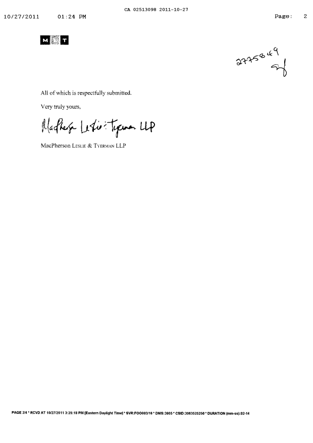 Document de brevet canadien 2513098. Taxes 20111027. Image 2 de 3