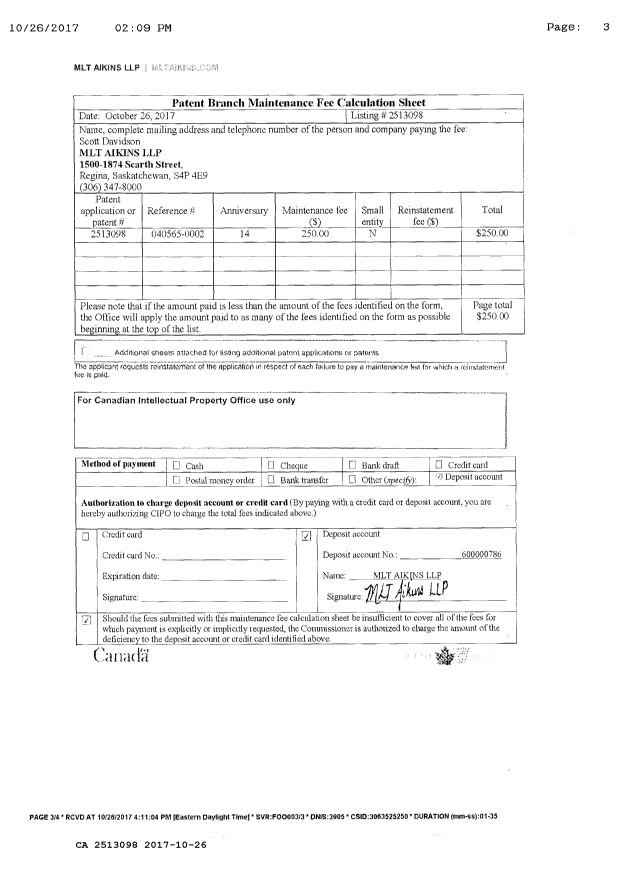 Document de brevet canadien 2513098. Paiement de taxe périodique 20171026. Image 3 de 3