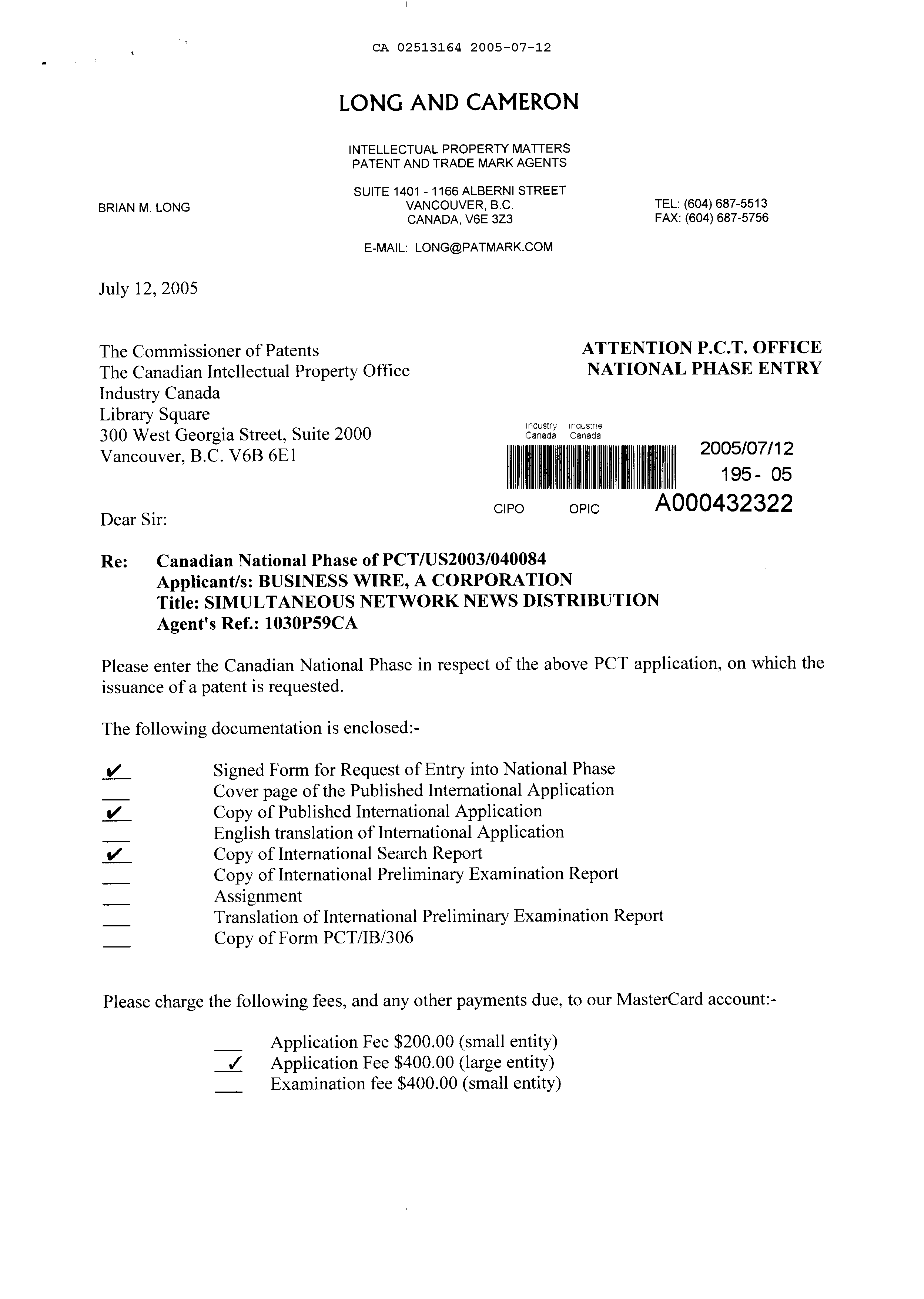 Document de brevet canadien 2513164. Cession 20050712. Image 1 de 3