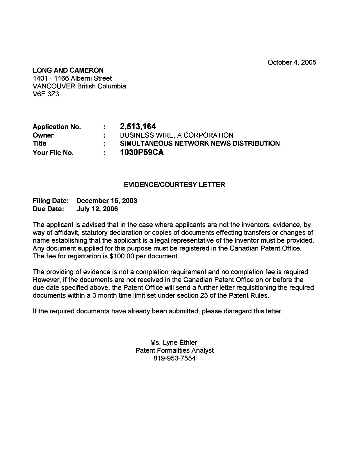 Document de brevet canadien 2513164. Correspondance 20050927. Image 1 de 1