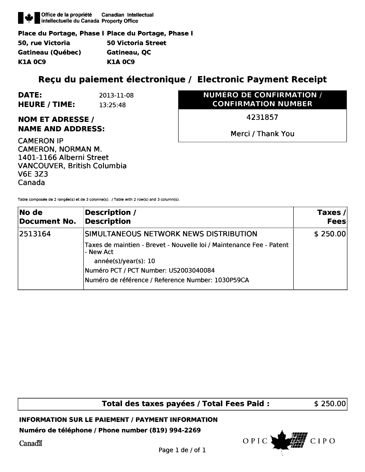 Document de brevet canadien 2513164. Taxes 20131108. Image 1 de 1