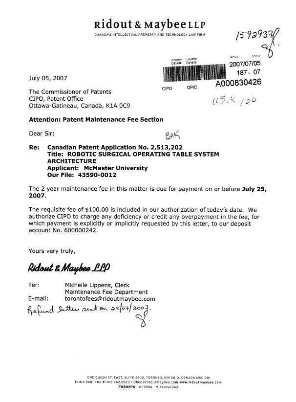Document de brevet canadien 2513202. Taxes 20070705. Image 1 de 1