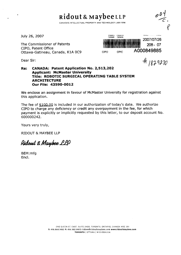 Document de brevet canadien 2513202. Cession 20070726. Image 1 de 5