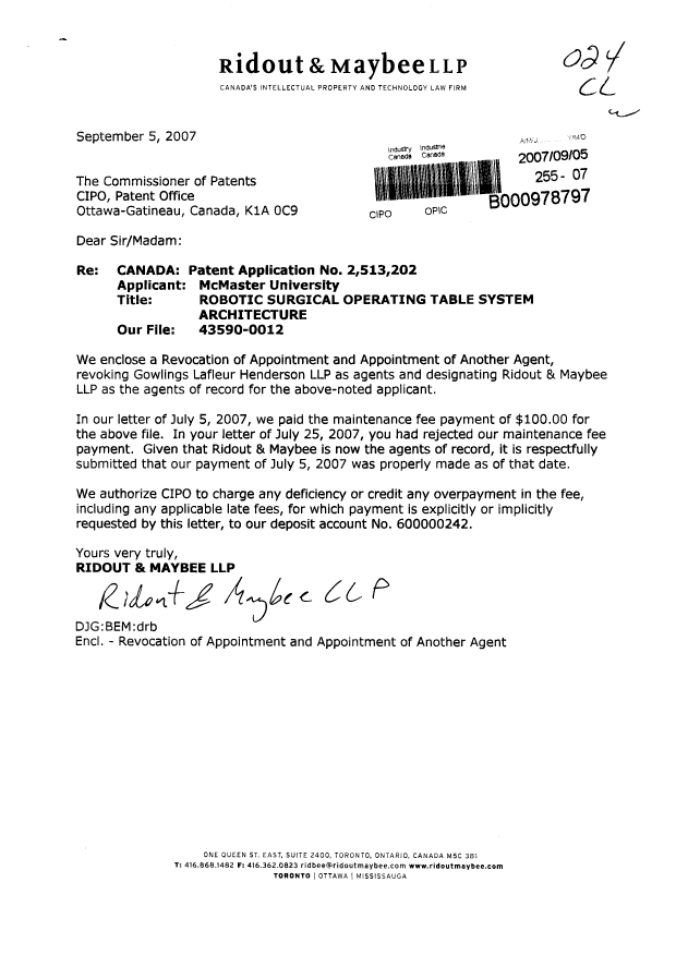 Document de brevet canadien 2513202. Correspondance 20070905. Image 1 de 2