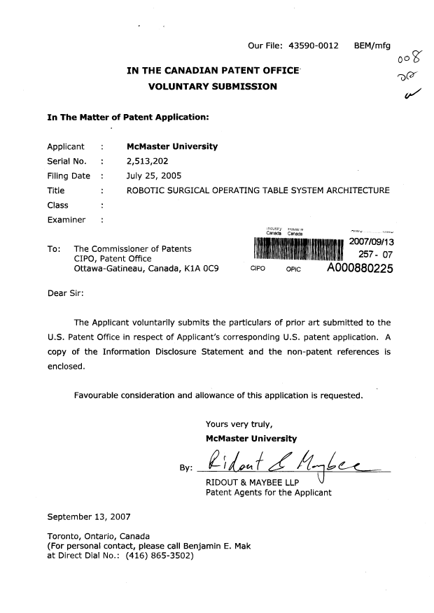Document de brevet canadien 2513202. Poursuite-Amendment 20070913. Image 1 de 1