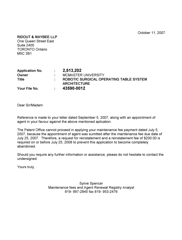 Document de brevet canadien 2513202. Correspondance 20071011. Image 1 de 1