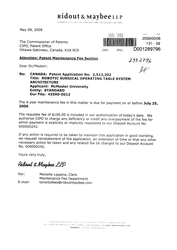 Document de brevet canadien 2513202. Taxes 20090508. Image 1 de 1