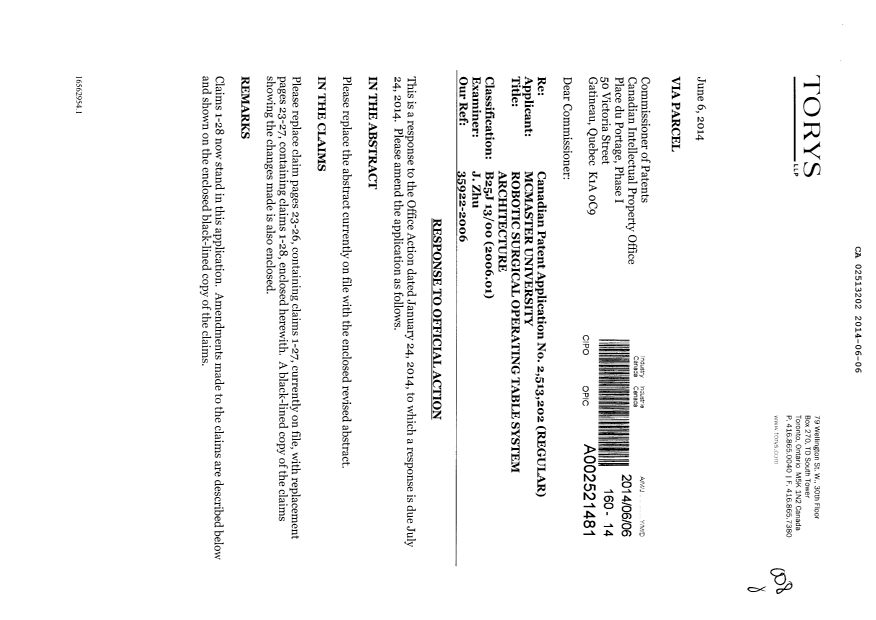 Canadian Patent Document 2513202. Prosecution-Amendment 20140606. Image 1 of 15