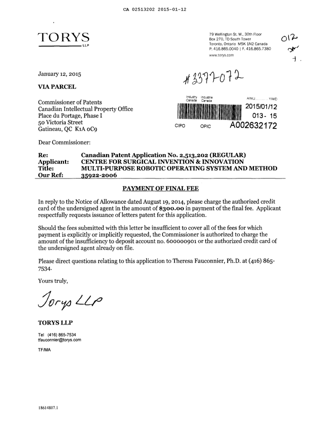 Document de brevet canadien 2513202. Correspondance 20150112. Image 1 de 1