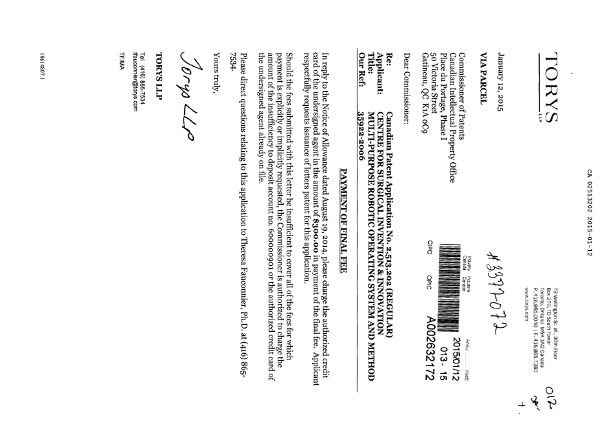 Canadian Patent Document 2513202. Correspondence 20150112. Image 1 of 1