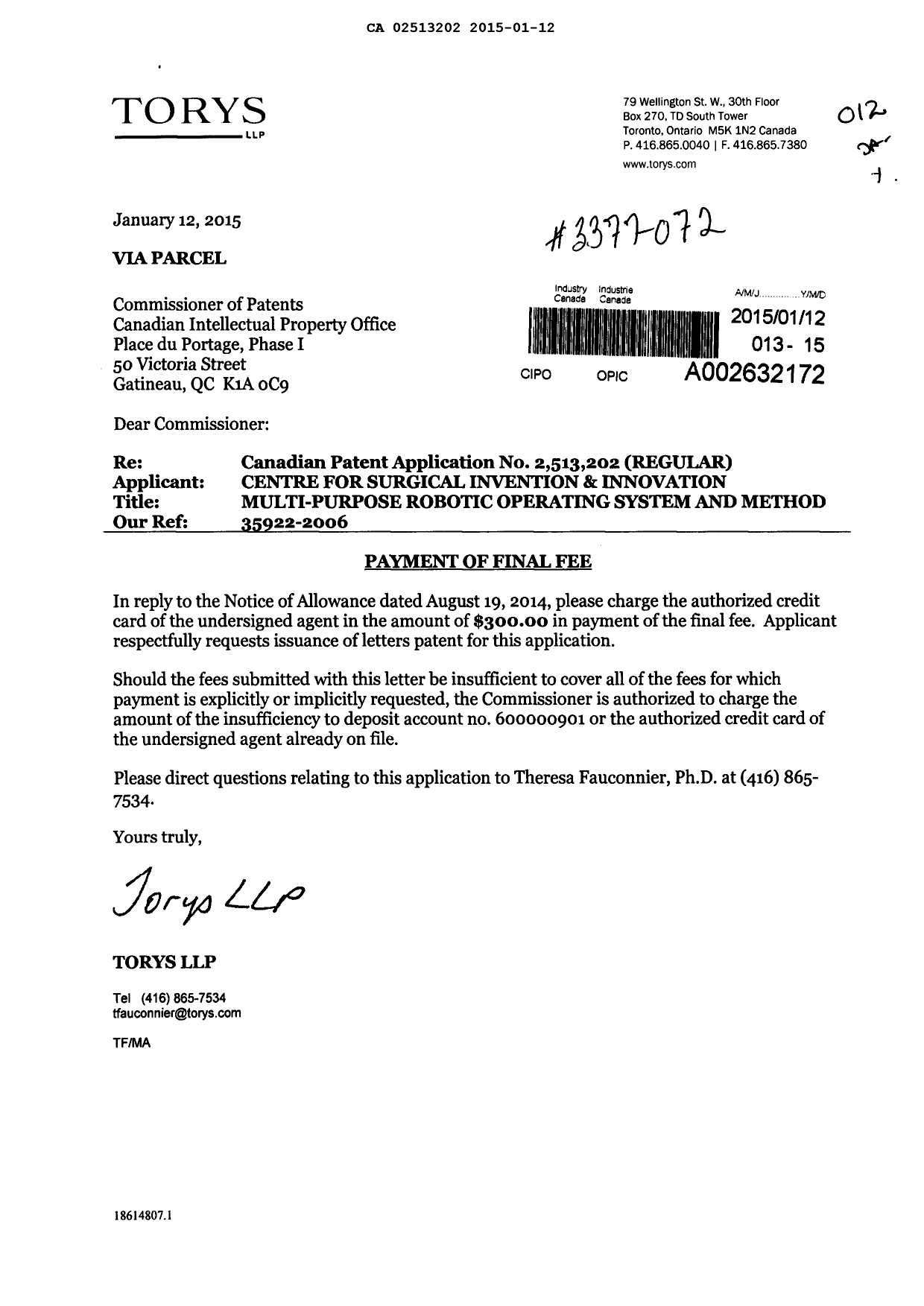 Canadian Patent Document 2513202. Correspondence 20150112. Image 1 of 1