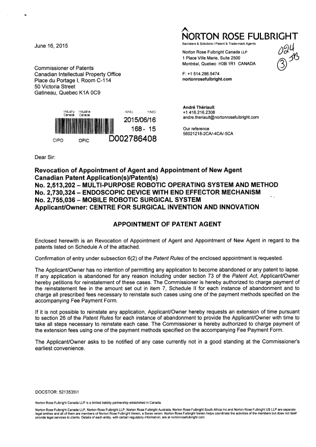 Document de brevet canadien 2513202. Changement de nomination d'agent 20150616. Image 1 de 4
