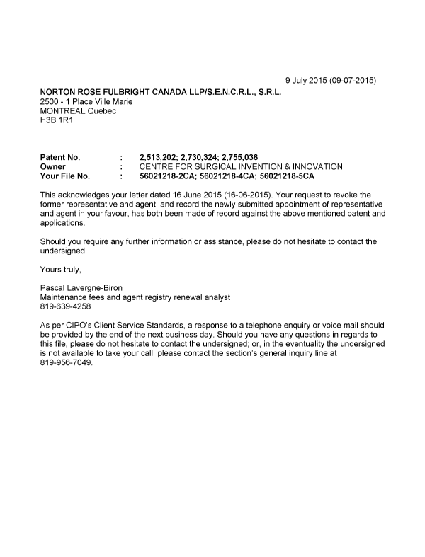 Document de brevet canadien 2513202. Lettre du bureau 20150709. Image 1 de 1