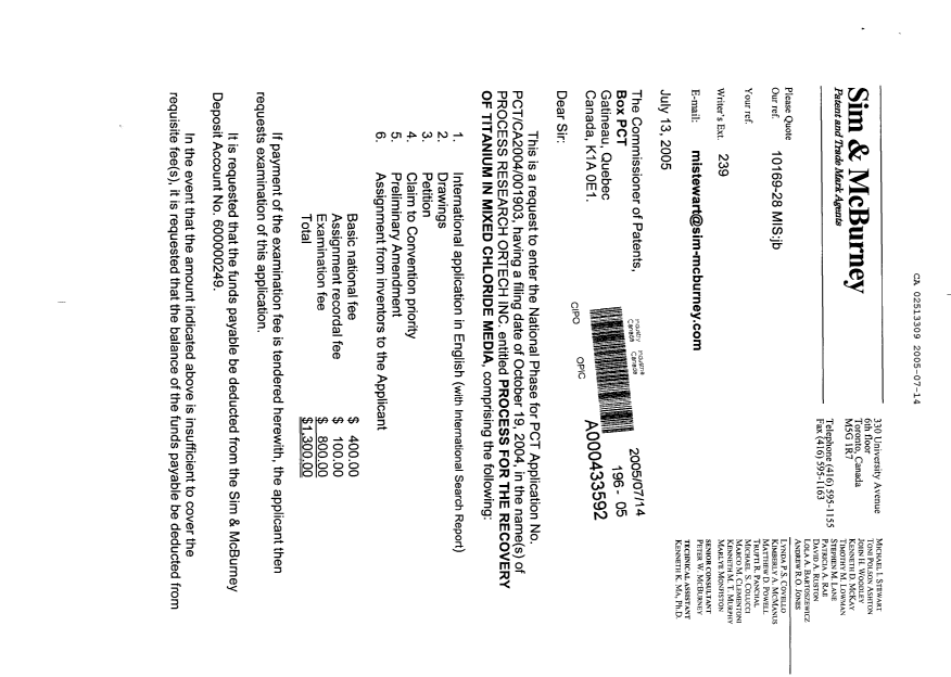 Document de brevet canadien 2513309. Cession 20050714. Image 1 de 5