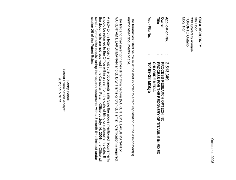 Document de brevet canadien 2513309. Correspondance 20050927. Image 1 de 1