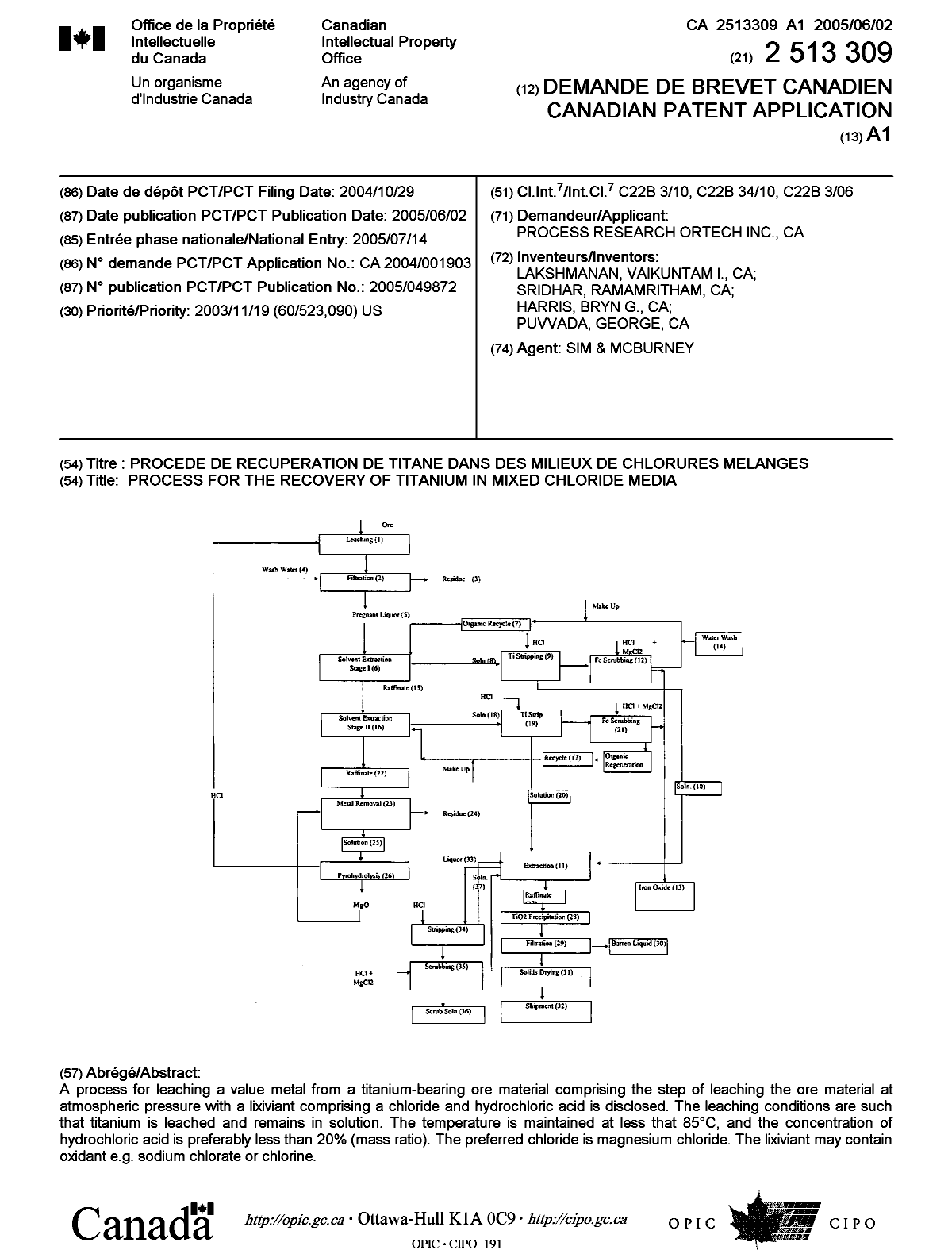 Document de brevet canadien 2513309. Page couverture 20050929. Image 1 de 1