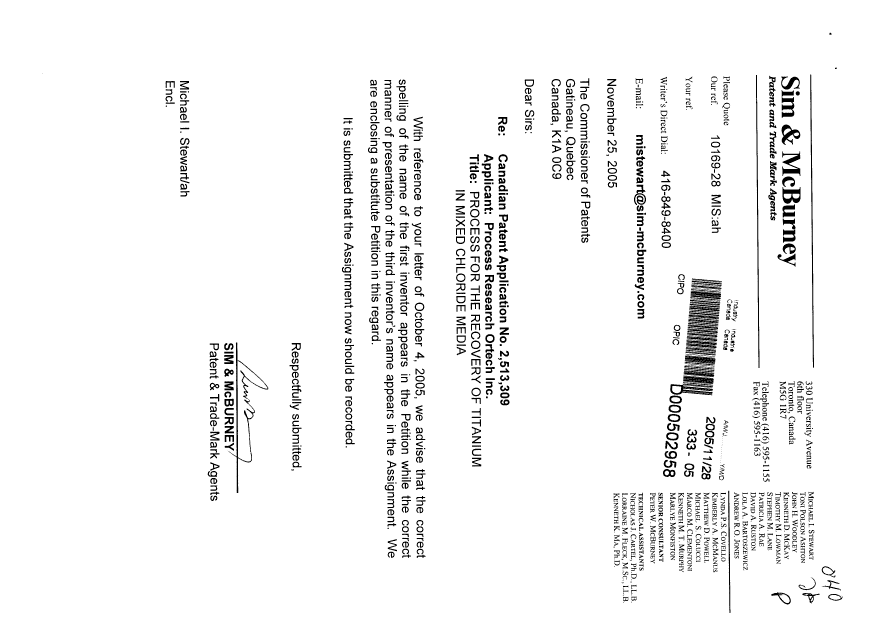 Document de brevet canadien 2513309. Correspondance 20051128. Image 1 de 2