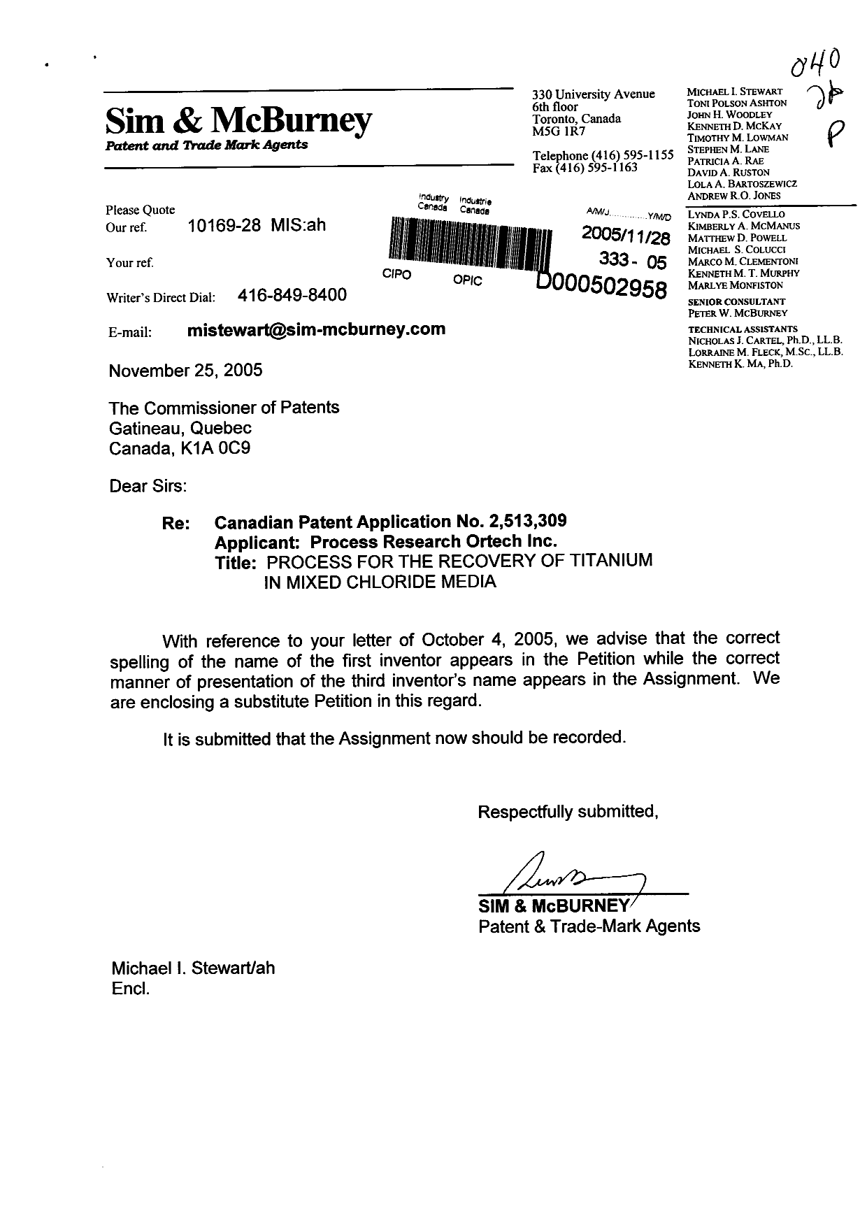 Canadian Patent Document 2513309. Correspondence 20051128. Image 1 of 2