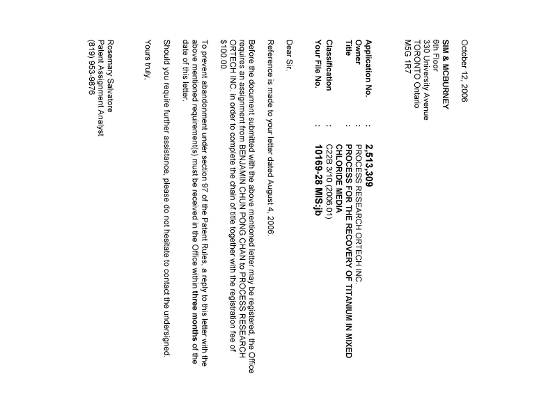 Document de brevet canadien 2513309. Correspondance 20061012. Image 1 de 1