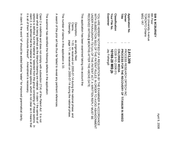 Document de brevet canadien 2513309. Poursuite-Amendment 20080409. Image 1 de 2